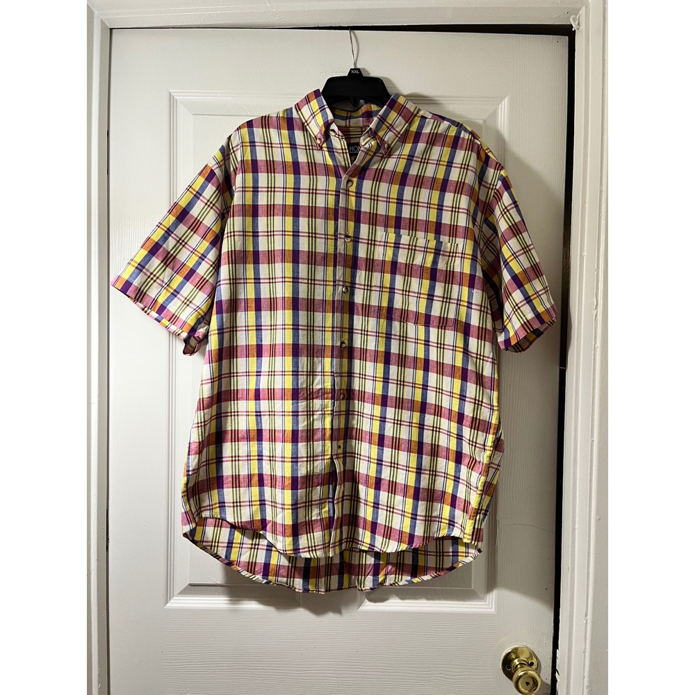 Honors Mens Vintage 1986 Plaid Short Sleeve Button Down‎ Shirt Yellow Purple Med